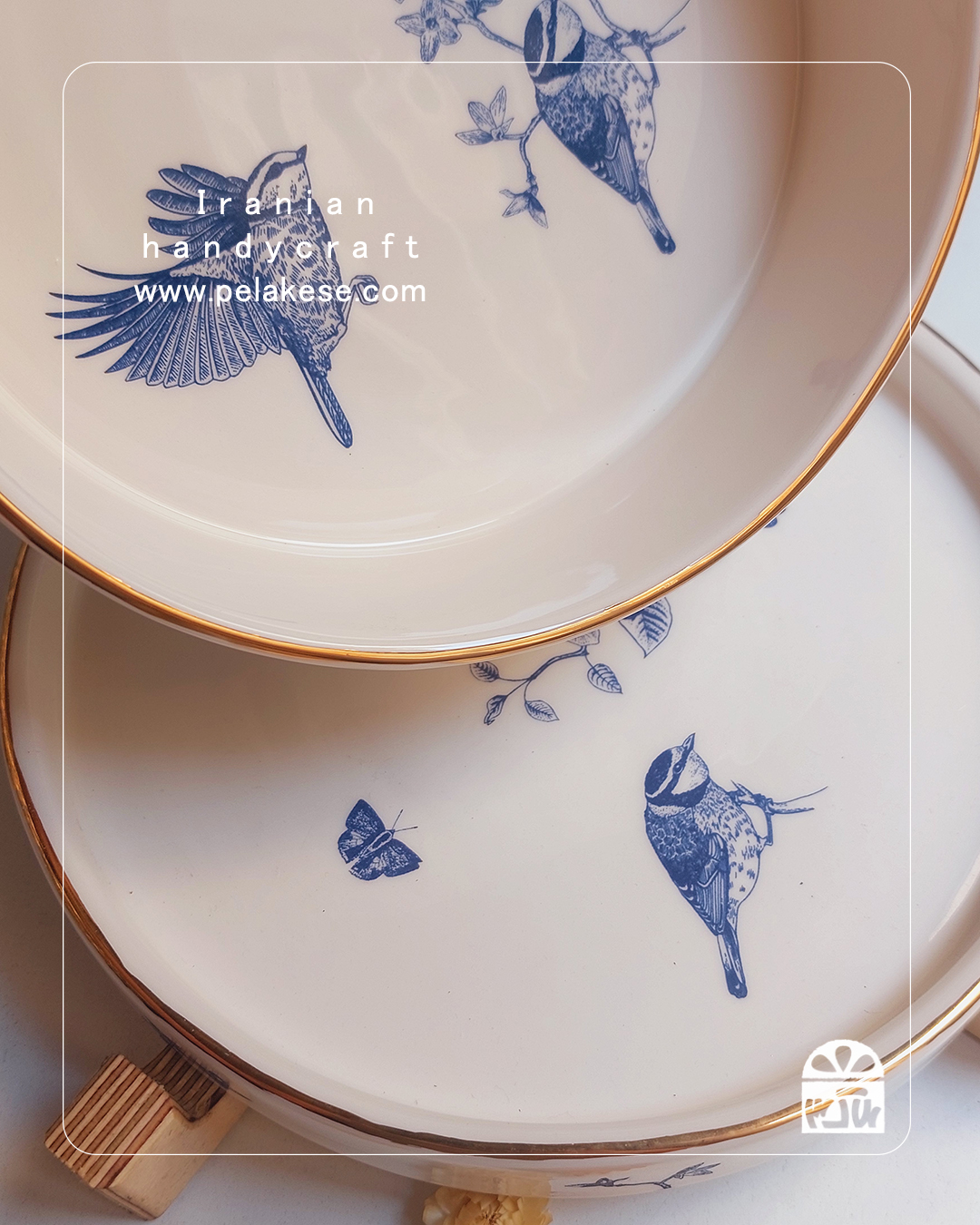 آش پنج‌شنبه‌های مامانی | ست کاسه و سینی سرامیکی پایه‌دار طرح گل و بلبل آبی