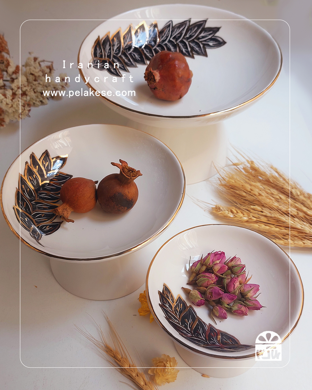ظرف پذیرایی پایه‌دار سرامیکی طرح گندم طلایی | ظروف سرامیکی شیک برای پذیرایی و جهیزیه