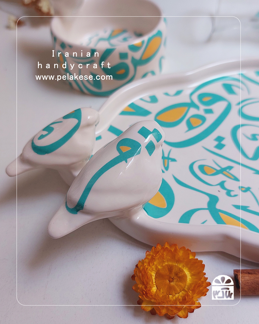 ست چای‌خوری سرامیکی دست‌ساز با طرح پرنده و سینی سنتی | هدیه خاص و هنری