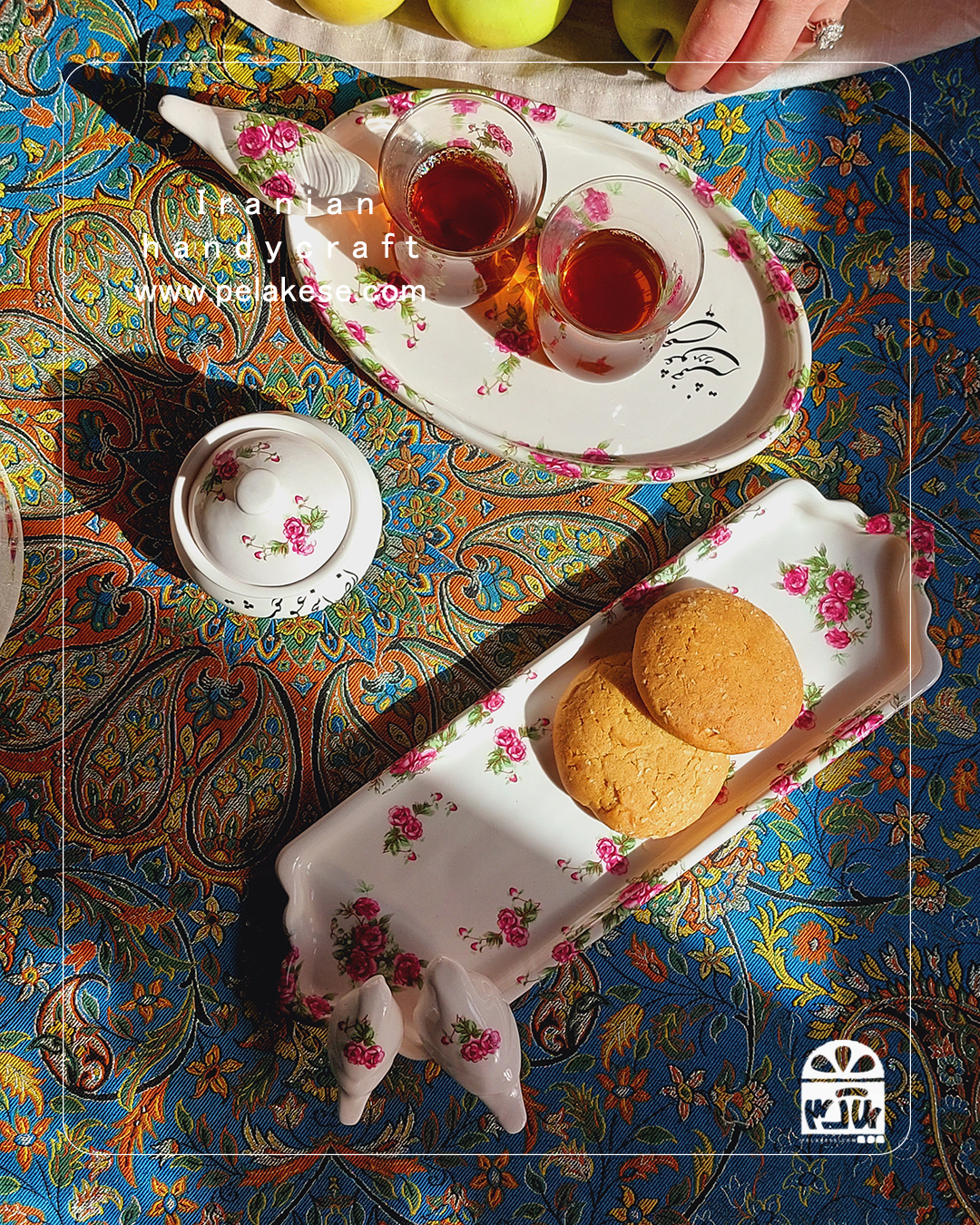ست گلسرخی پذیرایی چای و شیرینی | طراحی اصیل ایرانی با پرنده و گل