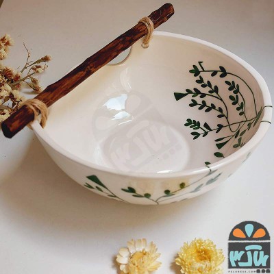 کاسه دسته چوبی ریحان سبز